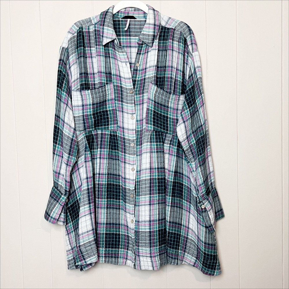 Free People Voyage Shirt Dress Small Plaid Oversized Cotton Gauze Tunic Top - Picture 3 of 13